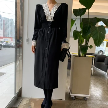 

SHIJIA Stretch Slim High Waist Women Dress Spring Elegant Dress 2019 V-neck Patchwork Lace Single-breasted Female Dress