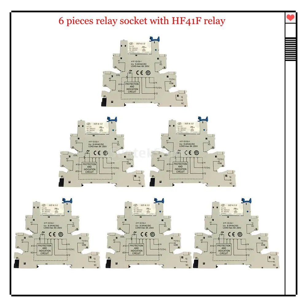 6 Pieces 5 PIN Relay Socket 6-24V AC/DC 6A Use with HF41F PCB Relay Module For Hongfa