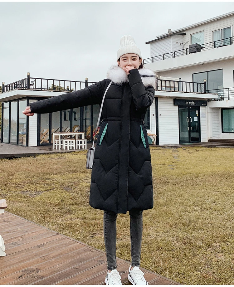 Ins Winter New Women's Hooded Down Parka Long Jacket Casual Big Fur Zipper Full Sleeve Korean Style Thick Coat C90802K - Цвет: Black