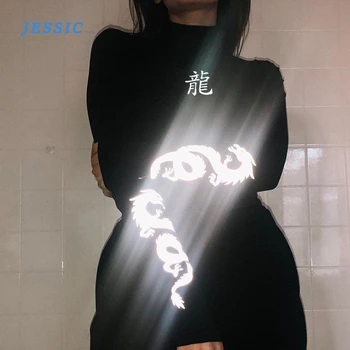 

JESSIC 2020 Streetwear Long-sleeved Basic Top Chinese Style Element Dragon Reflective Printing Stretch T-shirt Women