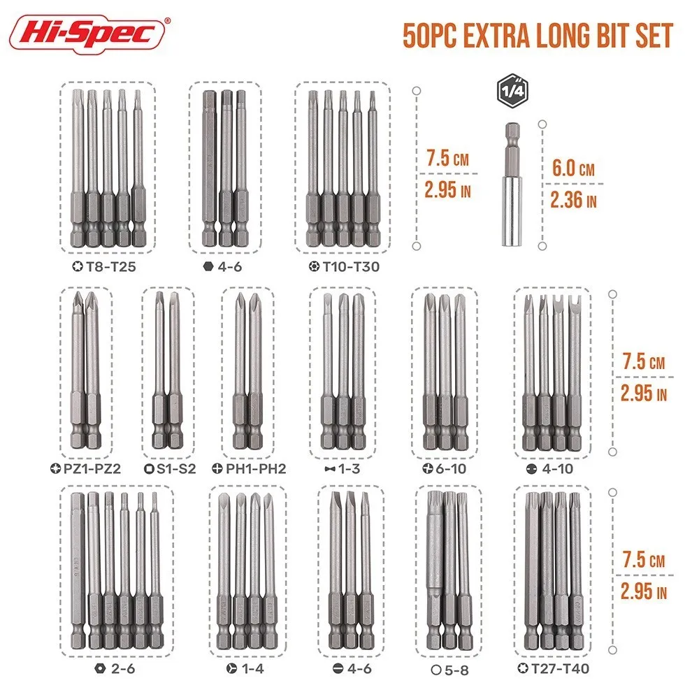 Hi-Spec 엑스트라 롱 마그네틱 드라이버 비트 세트, 보안 헤드 1/4 드라이버 비트 키트, Torx 스타 육각 스플라인 비트 세트, 75mm, 50pc