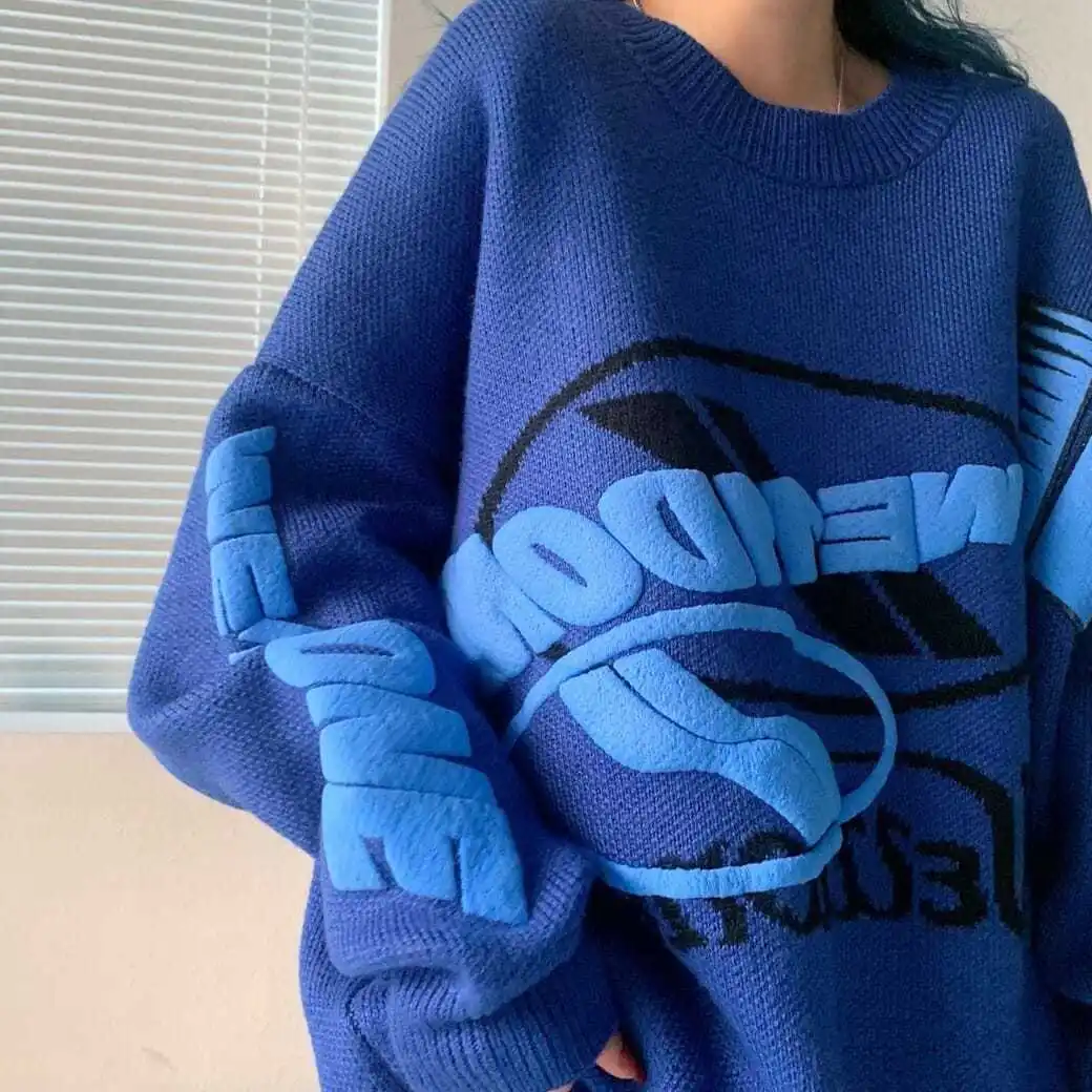 2021 New Arrival Autumn Winter Korean Style Women Casual Loose Long Sleeve O-neck Pullover Letter Print Cotton Sweaters P159 blue sweater