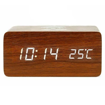 

Led Voice Control Alarm Clock Wood Mute Dual Power Supply Multifunction Awakening