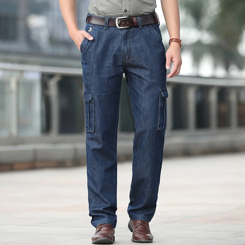 Men's Military Jeans Pants Workwear Multi-pockets Cargo Denim Trousers Men Casual Classic Straight Mid Waist Thick Cotton Jeans