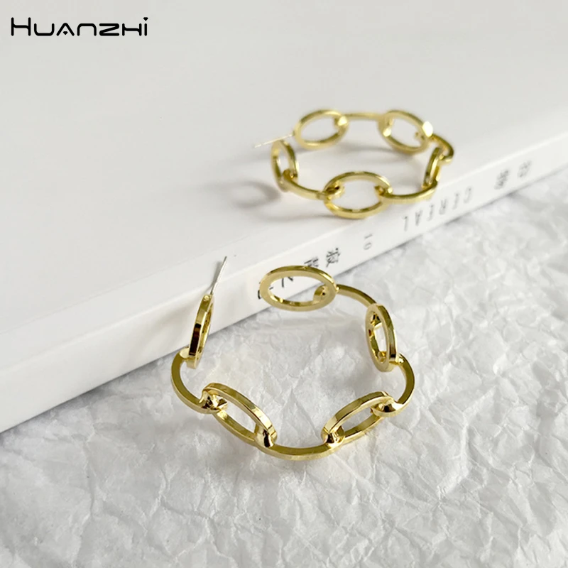 

HUANZHI 2019 S925 Silver Fashion Gold Color Round Circle Metal Copper Plated Earrings Exaggeration Chained Stud Earrings