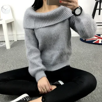 

2020 New Word Collar Shoulder Women Sweater Female Autumn And Winter Loose Korean Students Knit Pullovers 17163