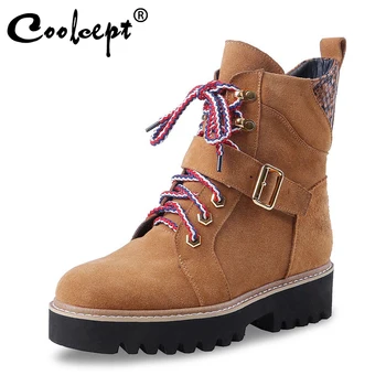 

Coolcept Real Leather Winter Women Motorcycle Boots Fashion Non-Slip Women Round Toe Shoes Buckle Flats Lace Footwear Size 34-39