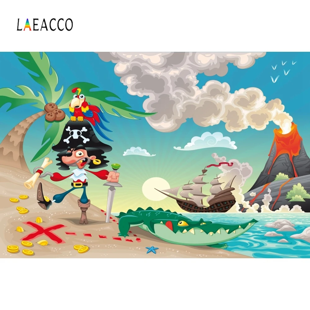 Laeacco Sea Beach Palms Trees Treasure Pirate Ship Baby Party Photography Backgrounds Customized Photo Backdrop For Photo Studio