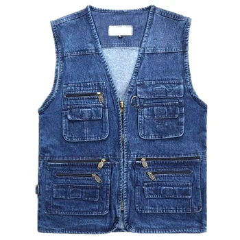 

Denim Vests Men Autumn Winter Fishing Vest Plus Size Multi-pocket Blue Mens Work Clothes Sleeveless Winter Cotton Jacket 5xl 6xl