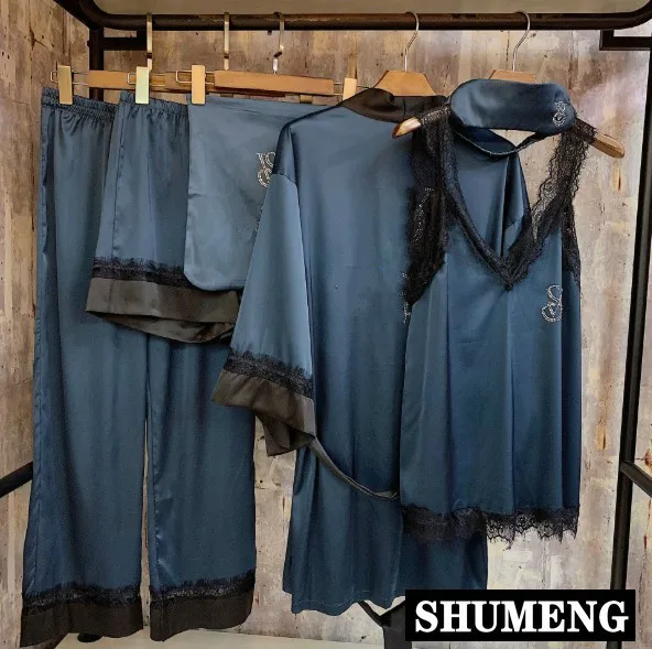 

2019 New Spring and Summer High-end Hot Drilled Silk Pyjamas Six Piece Sets Luxury Home Clothes Women's Pajamas Robe Sleepwear