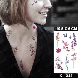Lavender Temporary Tattoo Sticker Butterfly Wreath Bouquet Fake Tatu Neck Face Chest Shoulder Hand Men Women Glitter Kids Tato