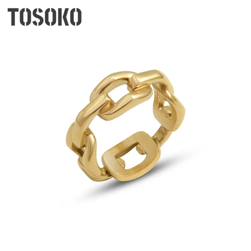 TOSOKO Stainless Steel Jewelry Small Square Ring Female Personality Chain Ring Square Overlapping Food Ring BSA237