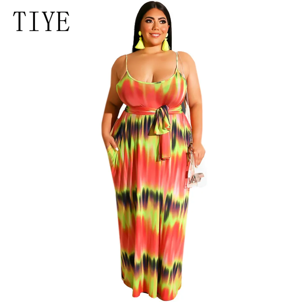 

TIYE Female Vintage Dress Women's Plus Size 4XL 5xl Spaghetti Strap Print Dress with Belt and Big Size Dress Party Vestidos