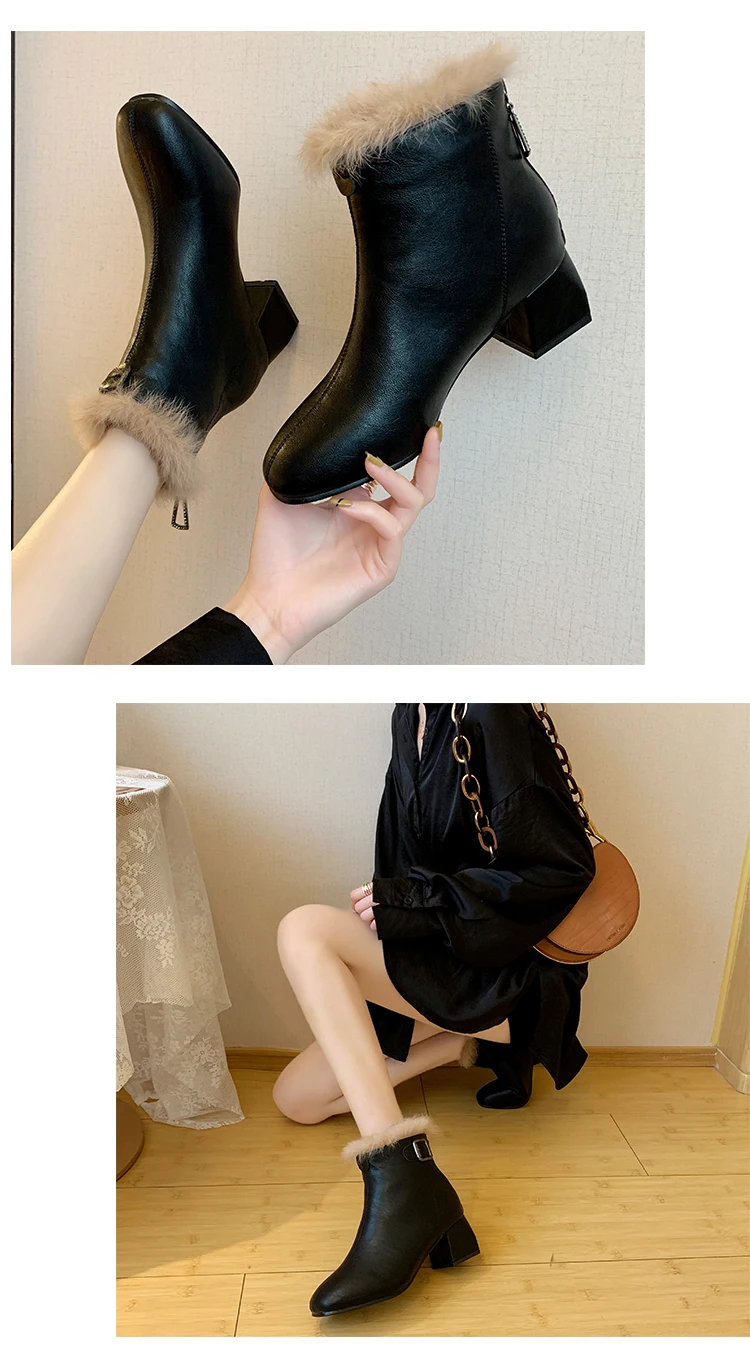 Plush Ankle Boots Women 5 Cm Thick High Heel Short Boots Ladies Winter Shoes Woman Warm Fashion Buckle Black Beige