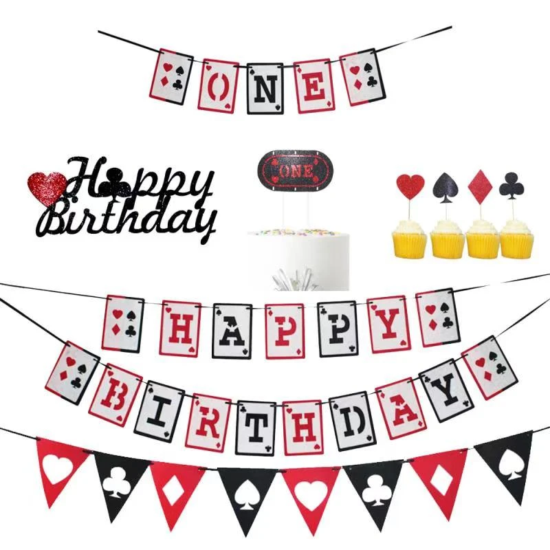 Las Vegas Playing Cards Casino Night Poker Happy Birthday Banner 1st One Garland Cake Toppers For Birthday Party Decoration Banners Streamers Confetti Aliexpress