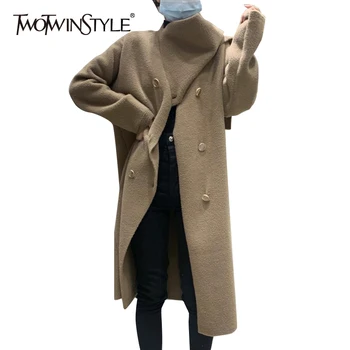 

TWOTWINSTYLE Asymmetrical With Bib Tweed Coat For Women Turtleneck Long Sleeve Casual Windbreaker Female Fashion New Clothing