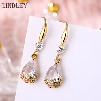 

LINDLEY 2020 dangle White Water Drop Long Women's earrings 585 Rose Gold Zircon Earrings Cute hot Wedding Party Fashion Jewelry