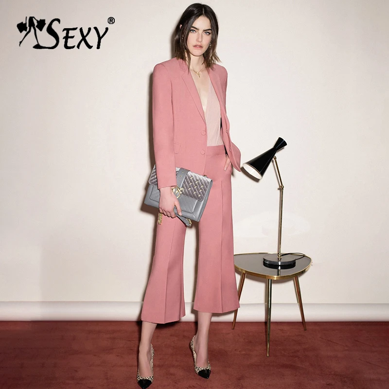 

Gosexy Pink Sexy Notched Neck Full Sleeve Pocket Blazer Boot Cut Pants Suits 2019 New Fashion Office Lady 2-Piece Sets