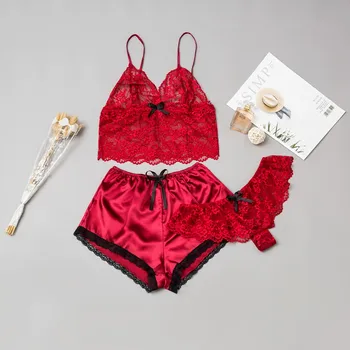 

3pcs Sexy Lingerie Bra Set Women's Sexy Lace Red Sling Bra Thong Garter Underwear Set S-XL Sleepwear Lingerie Sets Lenceria#ew