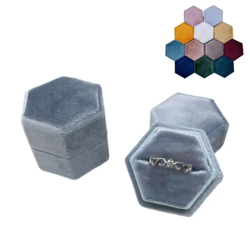 

E56A Hexagon Velvet Ring Box Single Ring Display Holder with Detachable Lid Ring Box Holder for Valentine's Day(G63)