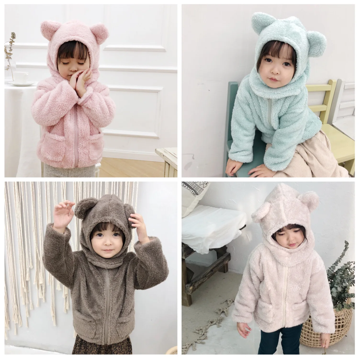 

1982 Winter Coral Fleece Korean Children's Coat Zipped Jacket For Girls Kids Winter Tops Sweater + Hat = Set