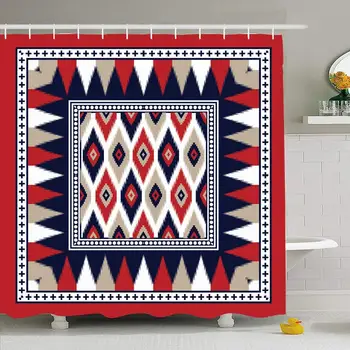 

Shower Curtain Set with Hooks Handmade Ikat Red Bandanna Band Pattern Abstract Eastern Floral Vintage Texture Flower Old