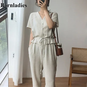 

Bornladies 2020 New Summer Women Jumpsuits & Rompers Casual Cotton and Linen Ankle-Length Pants Fake Two Pieces Playsuit