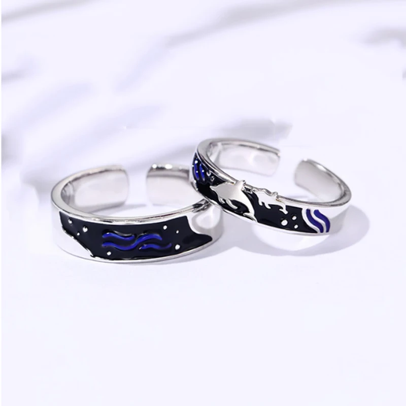 Qevila New Fashion Rings Jewelry Romantic Sea and Whale Enamel Adjustable Silver Ring for Women Lover Men Ring Anniversary Gift (4)