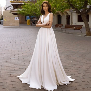 

Fmogl Sexy Backless V Neck Soft Satin Beach Wedding Dresses 2019 Simple Zipper Sweep Train Vintage Bridal Gowns Plus Size