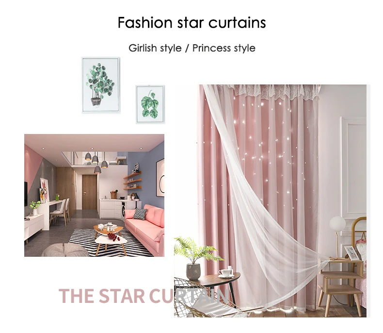 Fashion korean style pink hollow star kids curtains double layer black out window curtains for living room decorative