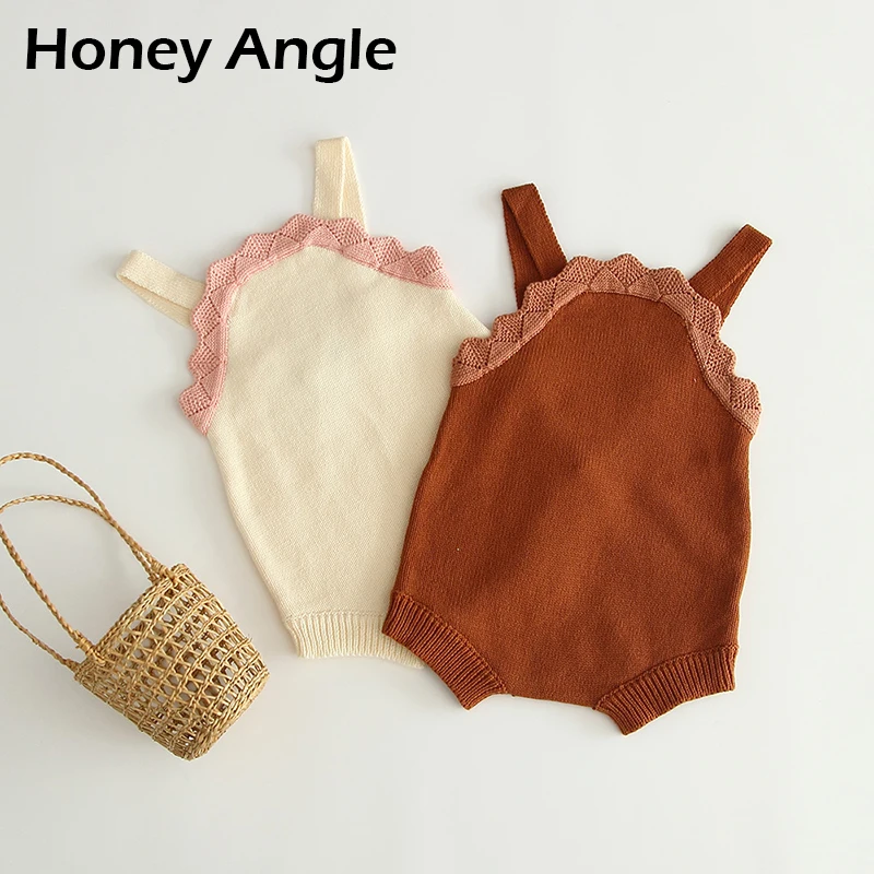 Honey Angle/вязаные детские ромперы без рукавов; кружевной комбинезон для младенцев; Корейская версия; одежда для скалолазания; Повседневная хлопковая детская одежда