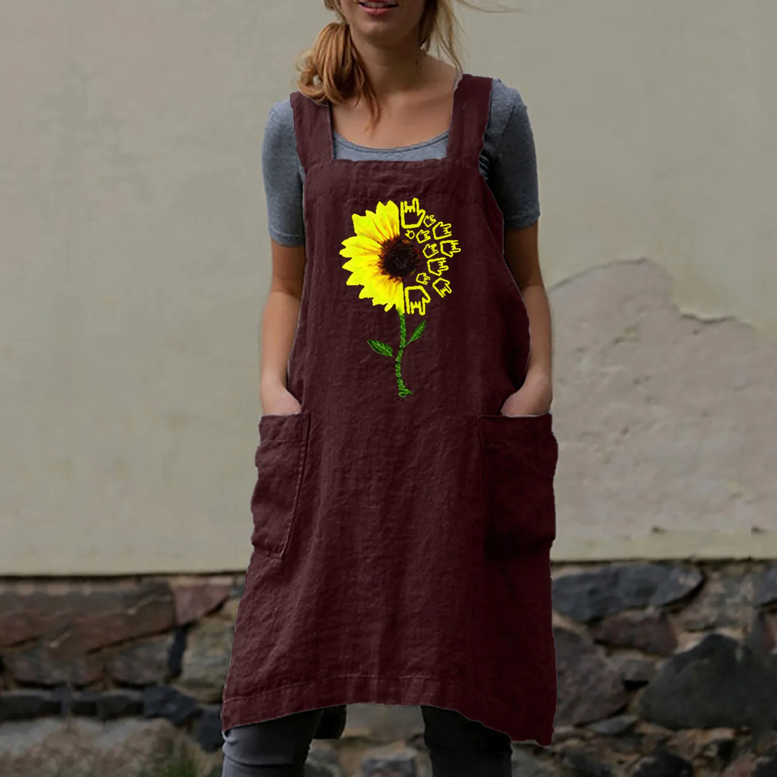 Women's Casual Fashion Dresses Vintage Spring And Autumn sunflower Printed Cotton Linen with pockets Loose Strap Dress Женский 1