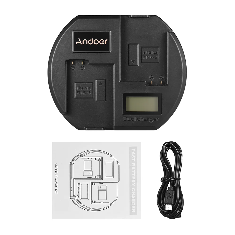 Andoer Fast Charger Dual-channel Camera Battery Charger Digital LCD Display USB Input for Nikon EN-EL15 Battery