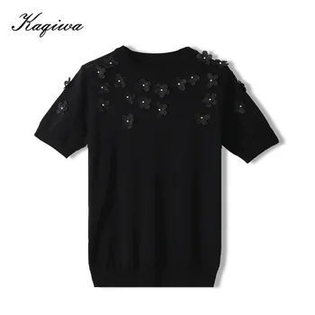 

2020 Korean summer new Beaded sweater ladies commuter round neck loose thin knitted T-shirt top B-180