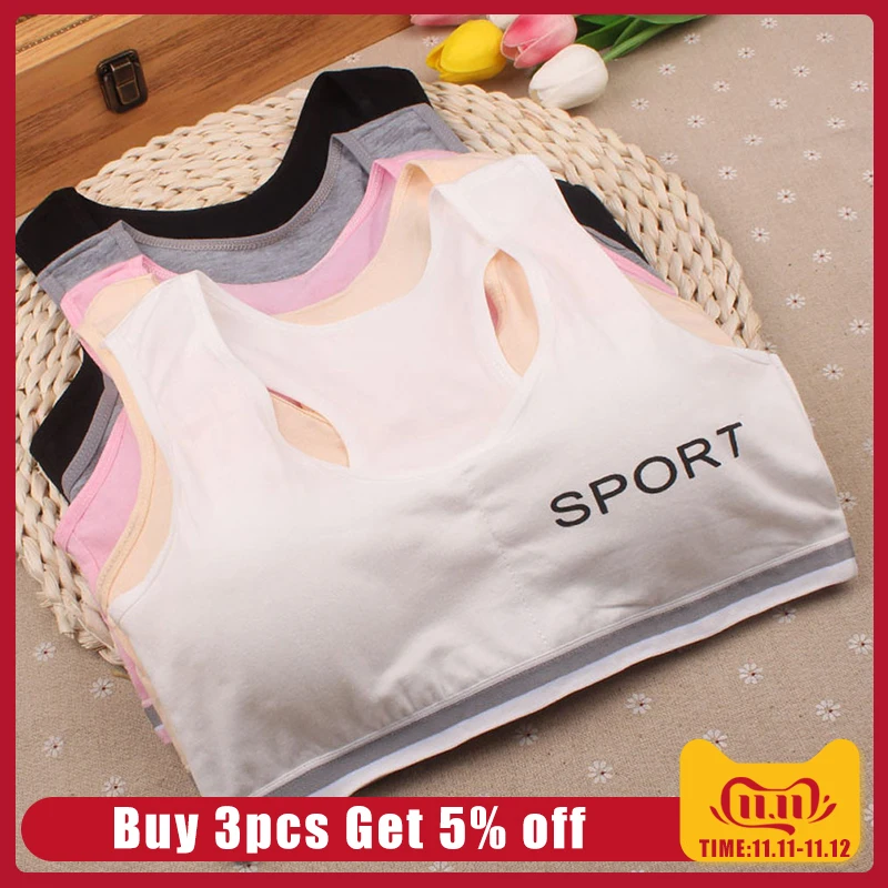 

Girl Racerback Cotton Sport Training Bra Letter Print Solid Color Wide Strap Underwear Bralette Seamless Layered Crop Top