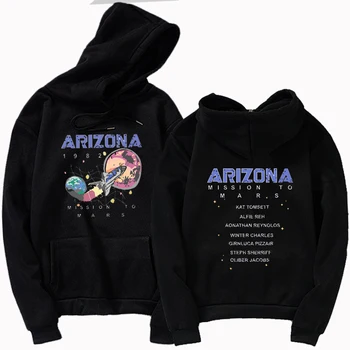 

Fall and Winter Cotton Nostalgia Old Planet Printed Harajuku Spaceship Arizona Space Print Black Hooded Sweatshirt Hoodie
