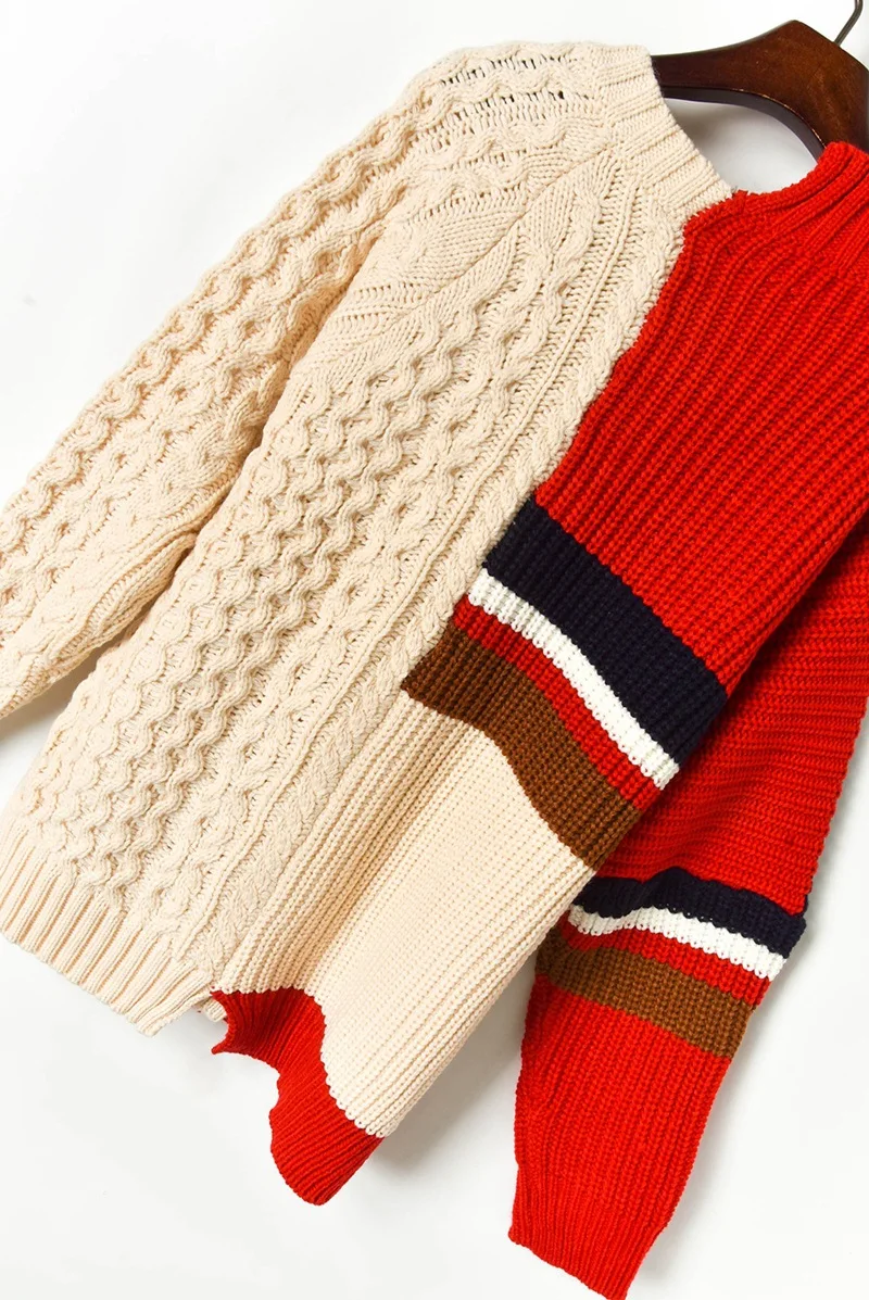 Women Hit Color Oversized Sweater Coat Patchwork Cardigan Autumn Winter Thick Knitted Coat Single Breasted Cardigan P-164