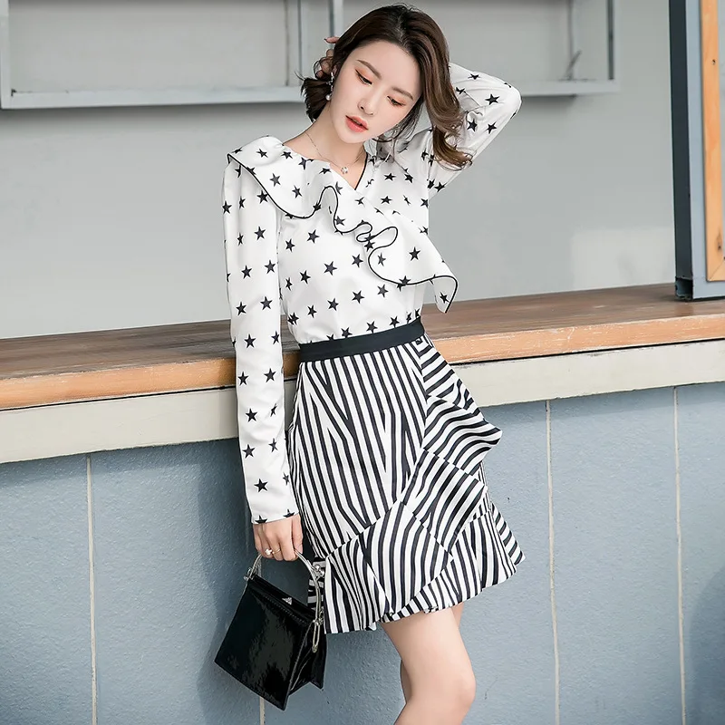 

2019 Korean-style Spring And Summer New Style-WOMEN'S Dress Stripes Joint Flounced Skirt