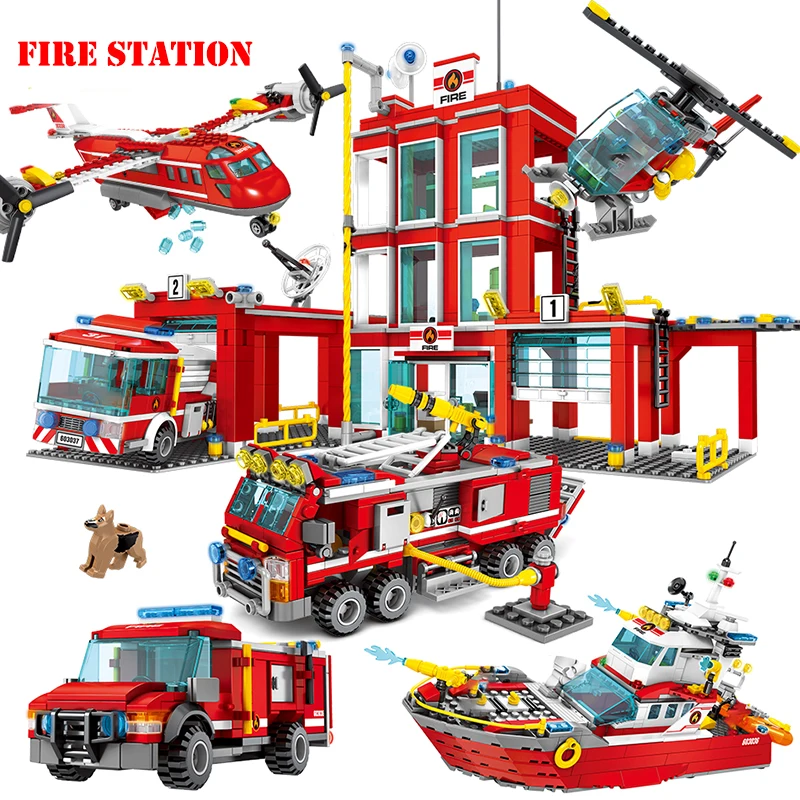 

City Fire Station Rescue Plane Truck Boat Firefighting Figures Building Blocks Compatible Legoed Technic Bricks Educational Toys