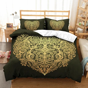 

Golden Leaves Heart Bedding Set Bedroom Decor Black Background Microfiber Soft 1PC Duvet Cover with Pillowcases No Comforter