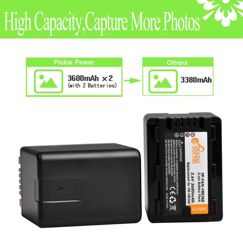 VW-VBK360 VBK360 Batteries and LED Battery Charger for Panasonic HC-V10 HC-V100 HC-V100M HC-V500 HC-V500M HC-V700 HC-V700M