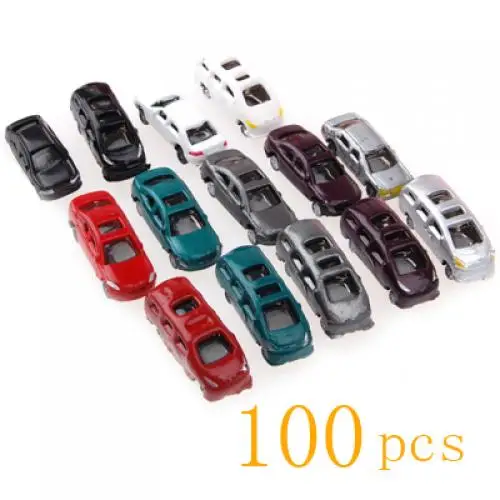 100pcs Plastic Painted Miniature Model Cars Scale Z 1:200 Train Street Road Buildings Parking Diorama Scenery Landscape