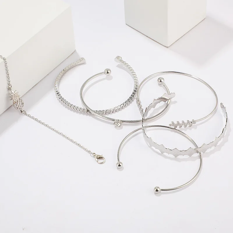 Silver color Bohemian Handmade leaf pineapple Bracelet Sets Women New Rope Chain Bracelets Retro Jewelry Accessories