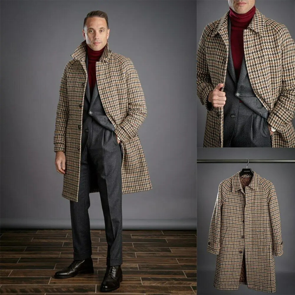 Long Woolen Men Coat Literature Art Retro Plaid Single-breasted