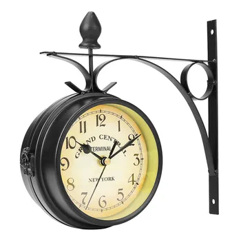 

Outdoor Wall Clock Hanging Retro Double Sided Battery Powered Metal Mount Vintage Garden Coffee Bar Decoration Round Station