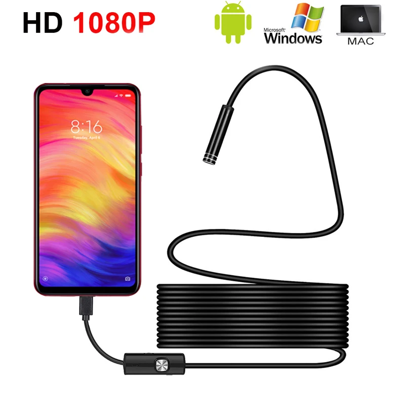 2m 3m 5m 1080p HD Endoscope Camera Flexible IP67 Waterproof Inspection Borescope Camera for Android PC Notebook 8LEDs Adjustable