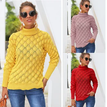 

Lugentolo Sweater Women Autumn and Winter New Solid Color Feather Hollow High Collar Bottoming Knitting 3 Color