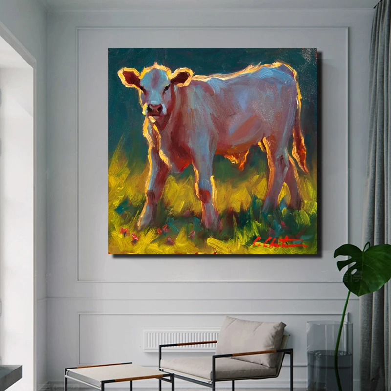 RELIABLI ART Wall Art Canvas Paintings Abstract Cute Colorful Animal Cow And Grassland For Living Room Decorative Print Posters | Дом и сад