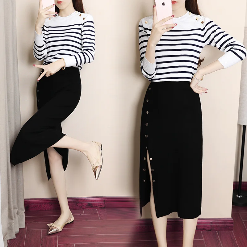 

Photo Shoot Online Celebrity Two-Piece Set Western Style Scheming Goddess 2019 Stripes Sweater Collocation Skirt Two-Piece Set