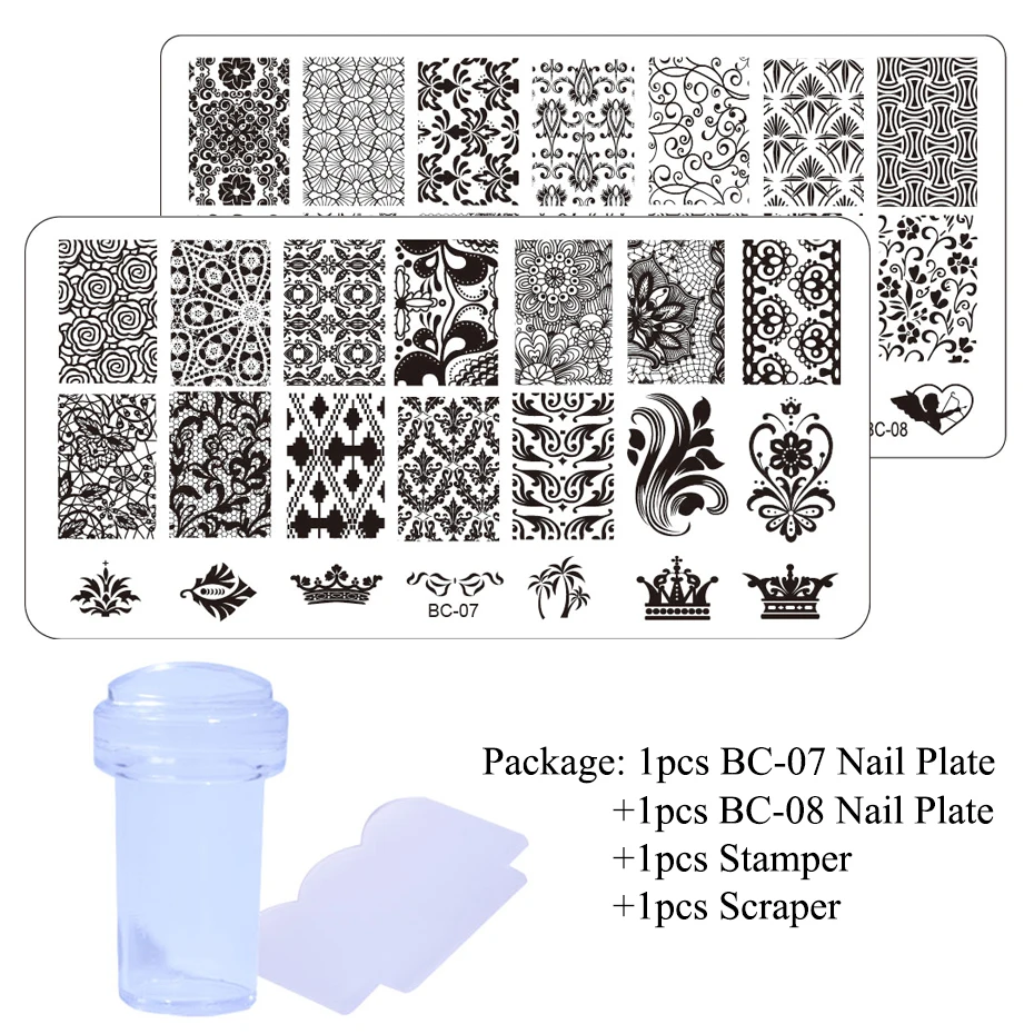 STZ 2 шт для дизайна ногтей штамповка изображения пластины для ногтей шаблон Цветущий цветок кружева Шаблон трафарет аксессуары для маникюра искусство инструмент BC-1 - Цвет: BC07 08 Set